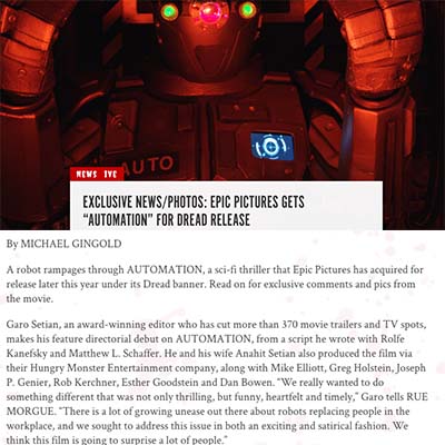 EXCLUSIVE NEWS/PHOTOS: EPIC PICTURES GETS “AUTOMATION” FOR DREAD RELEASE